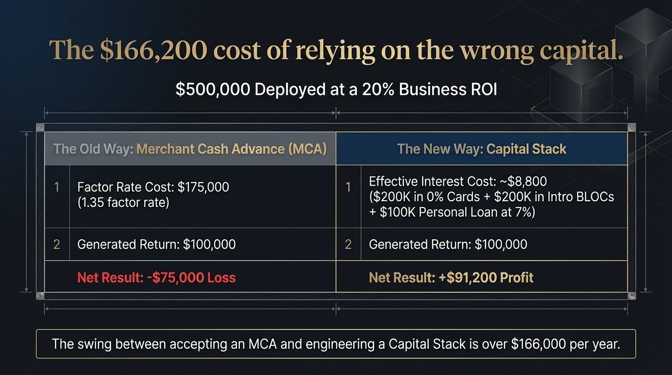 The $166,200 cost of relying on wrong capital — MCA at 1.35 factor rate costs $175K vs Capital Stack at ~$8,800 on $500K deployed at 20% ROI