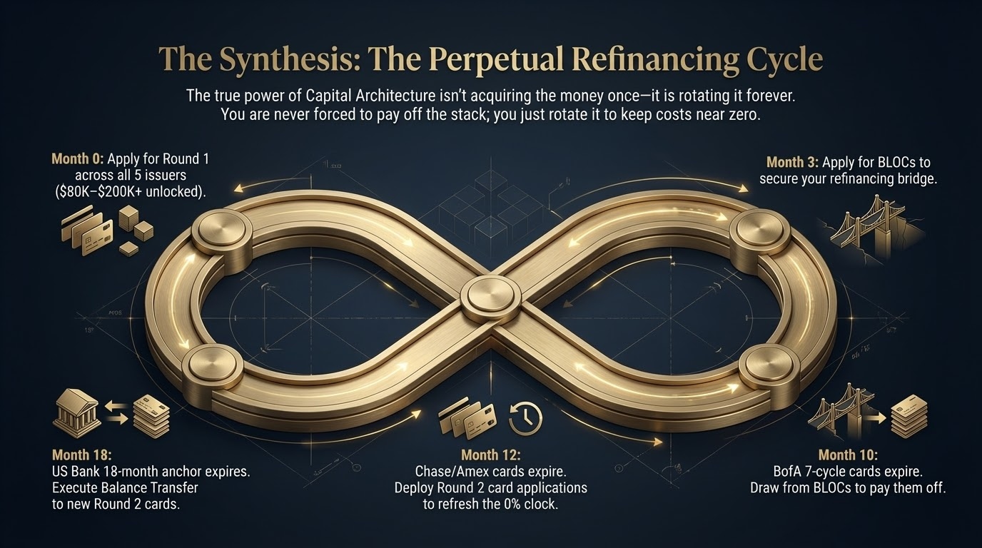 The Perpetual Refinancing Cycle — an infinity loop showing Month 0 Round 1 applications, Month 3 BLOC bridge, Month 10 BofA expiry, Month 12 Round 2 applications, Month 18 US Bank anchor expiry