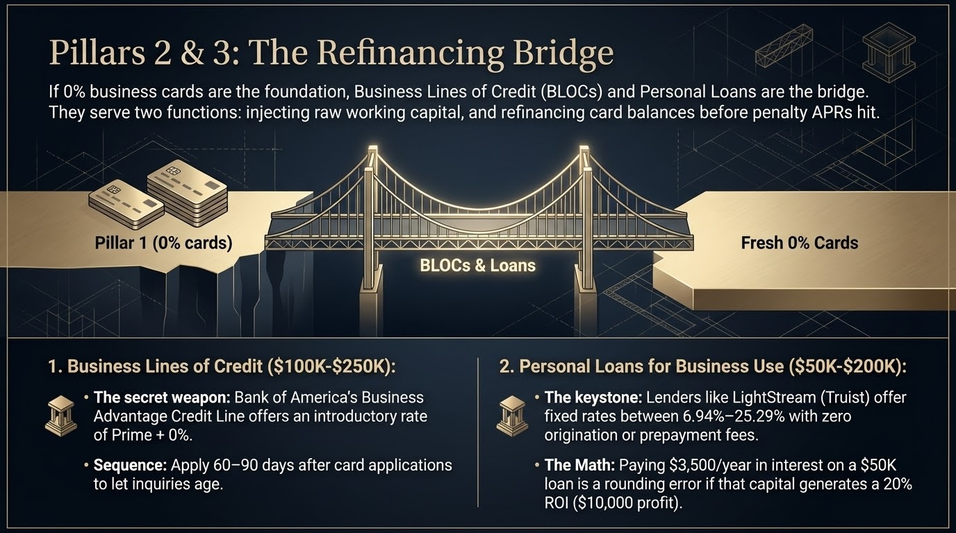 Pillars 2 and 3: The Refinancing Bridge — Business Lines of Credit and Personal Loans bridge the gap between 0% card periods, keeping capital costs near zero