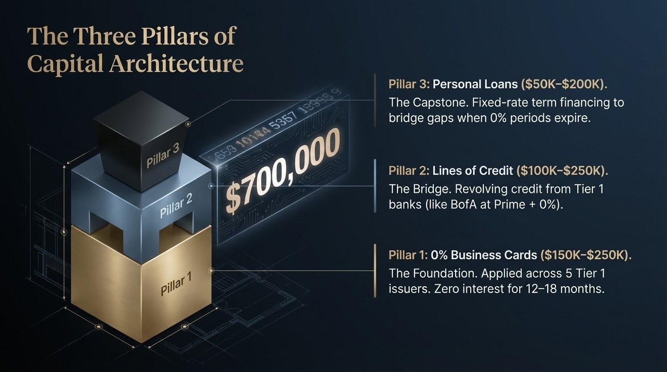 The Three Pillars of Capital Architecture: Pillar 1 — 0% Business Cards ($150K-$250K), Pillar 2 — Lines of Credit ($100K-$250K), Pillar 3 — Personal Loans ($50K-$200K), totaling up to $700,000