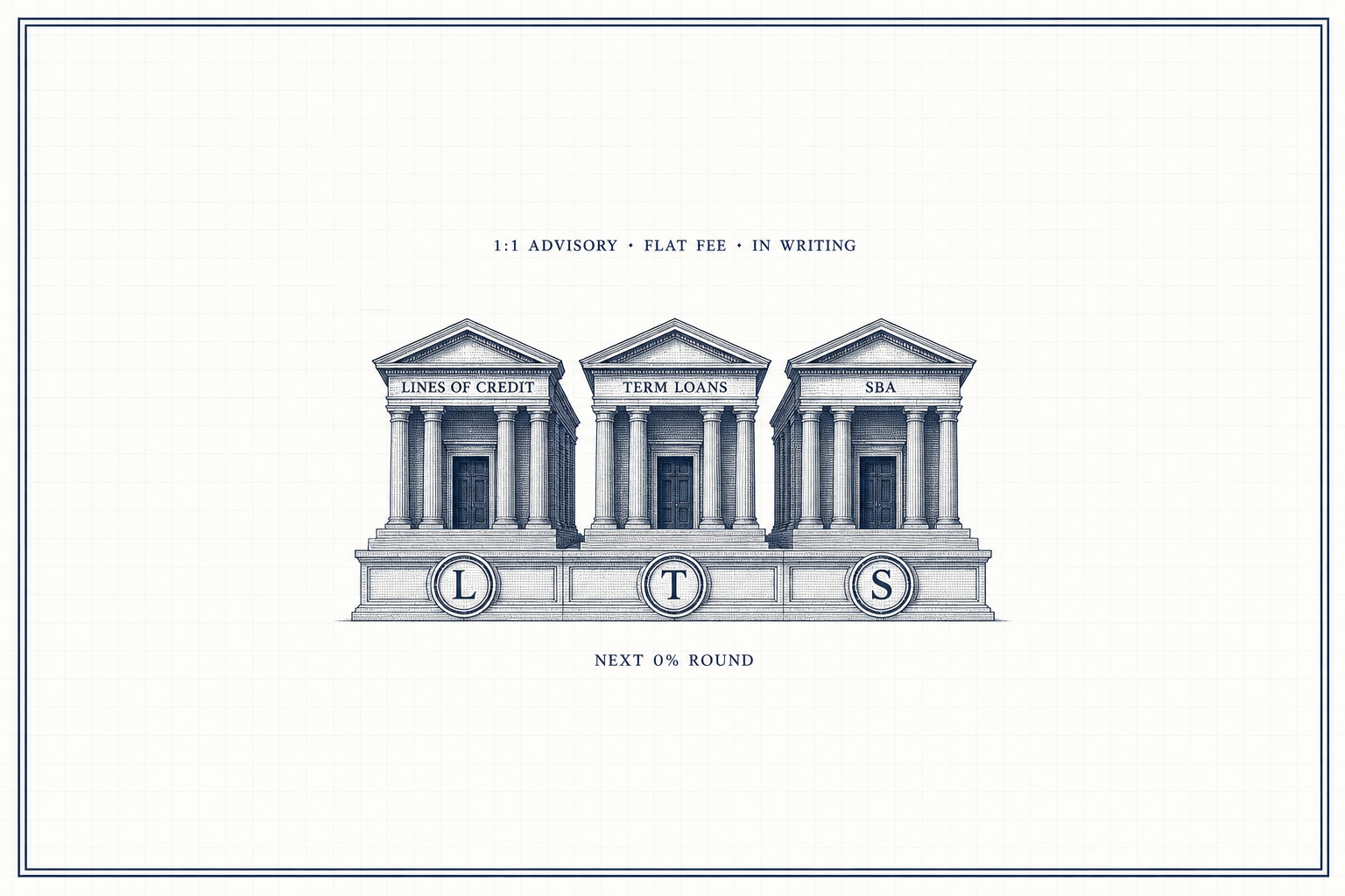 An engraved bank building on a stone foundation, lettered L: business lines of credit.